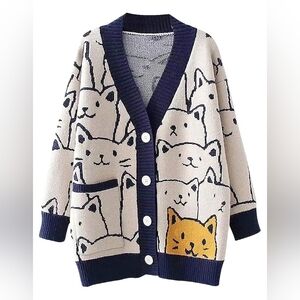 White and Blue Artistic Cat Cardigan Sweater